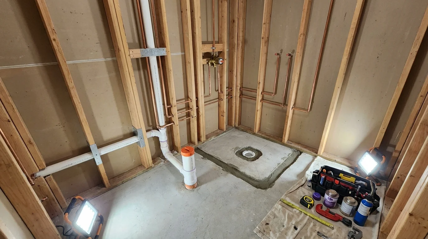 Bathroom rough-in plumbing during remodel by Johns Plumbing LLC in McPherson