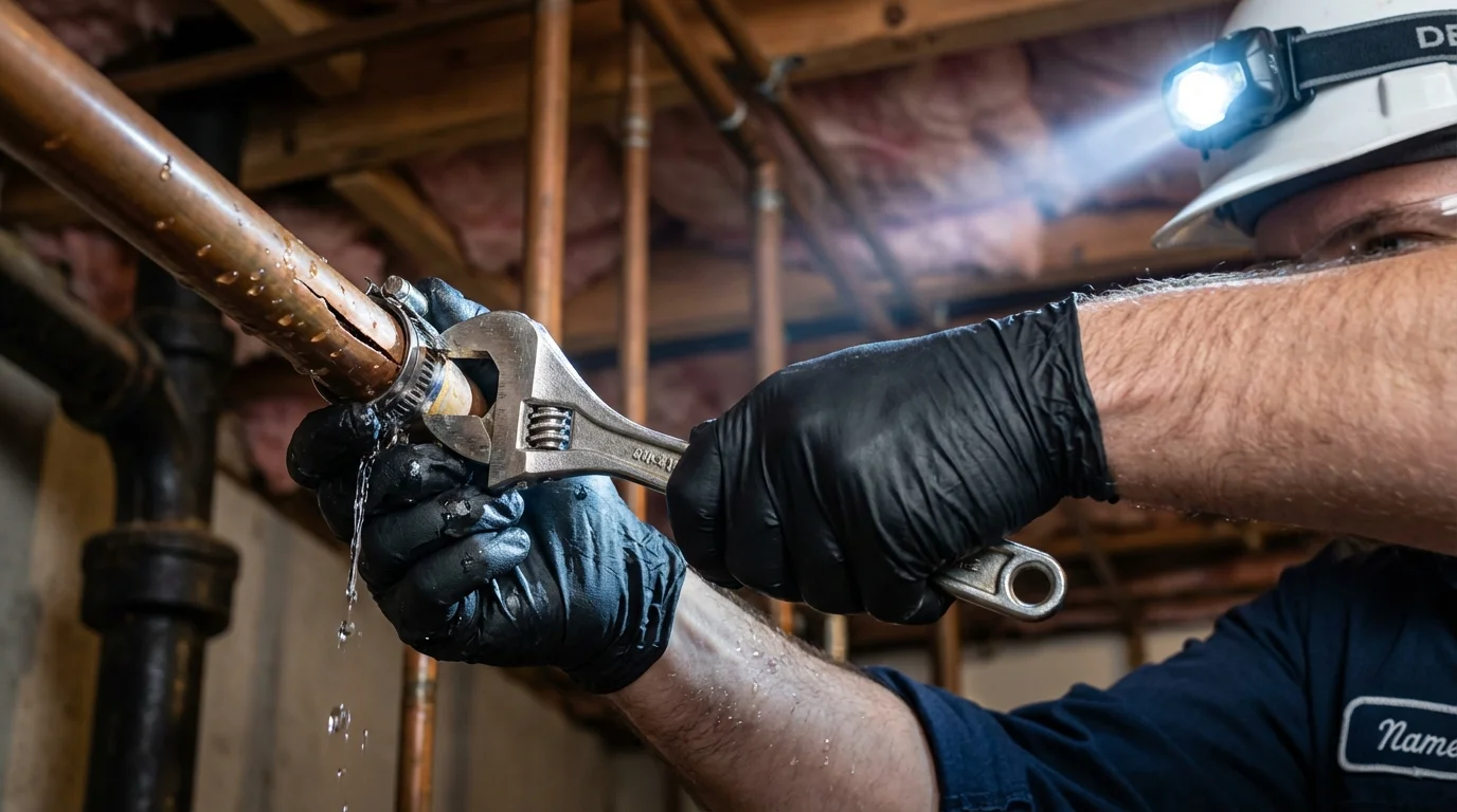 Emergency pipe clamp repair being performed by a Johns Plumbing LLC plumber in McPherson