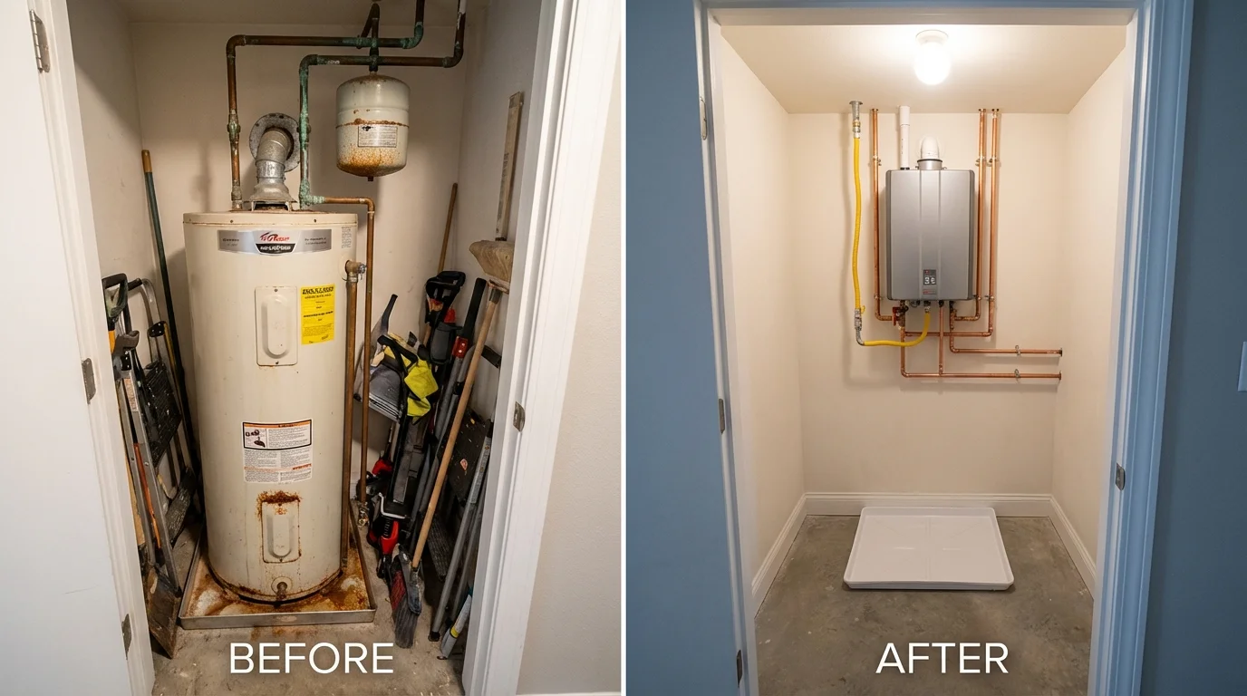 Tank water heater versus wall-mounted tankless unit comparison for McPherson, KS homeowners