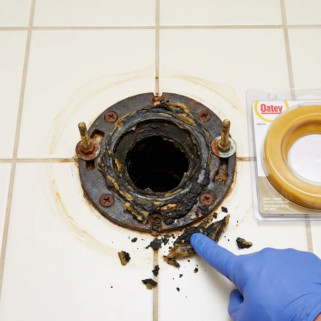 Failed wax ring showing water seepage at the base of a toilet in a McPherson, KS home