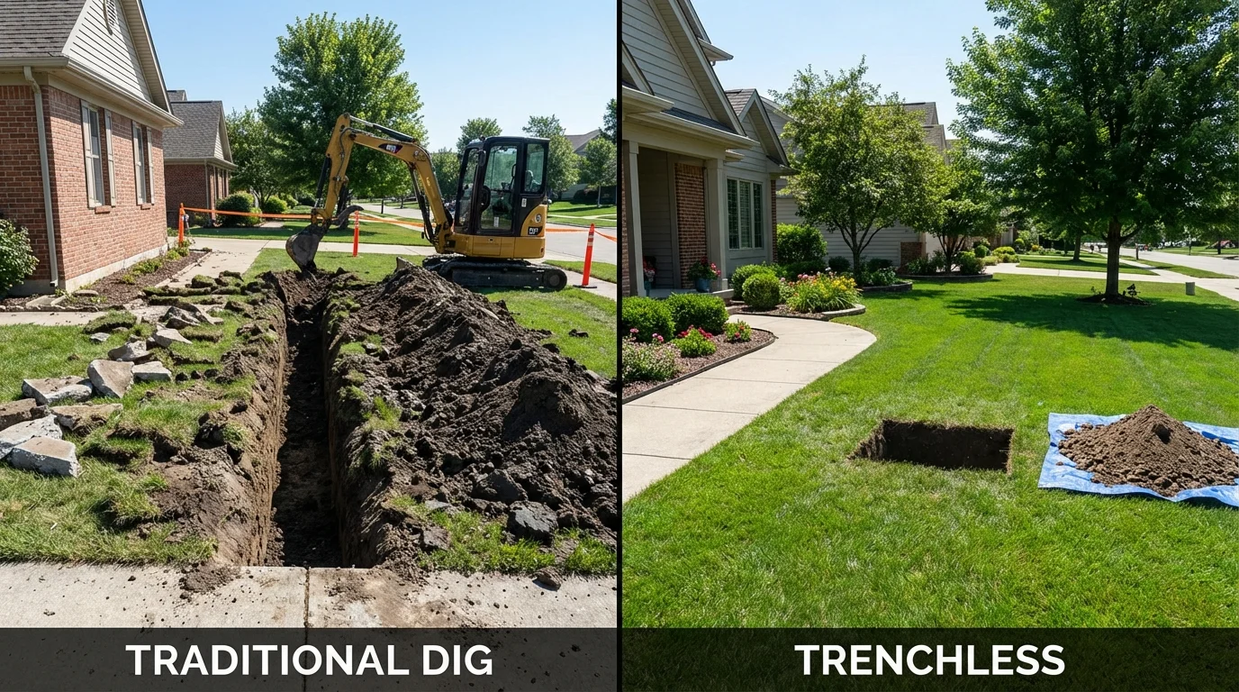 Trenchless sewer repair with minimal yard damage versus traditional excavation in McPherson, KS