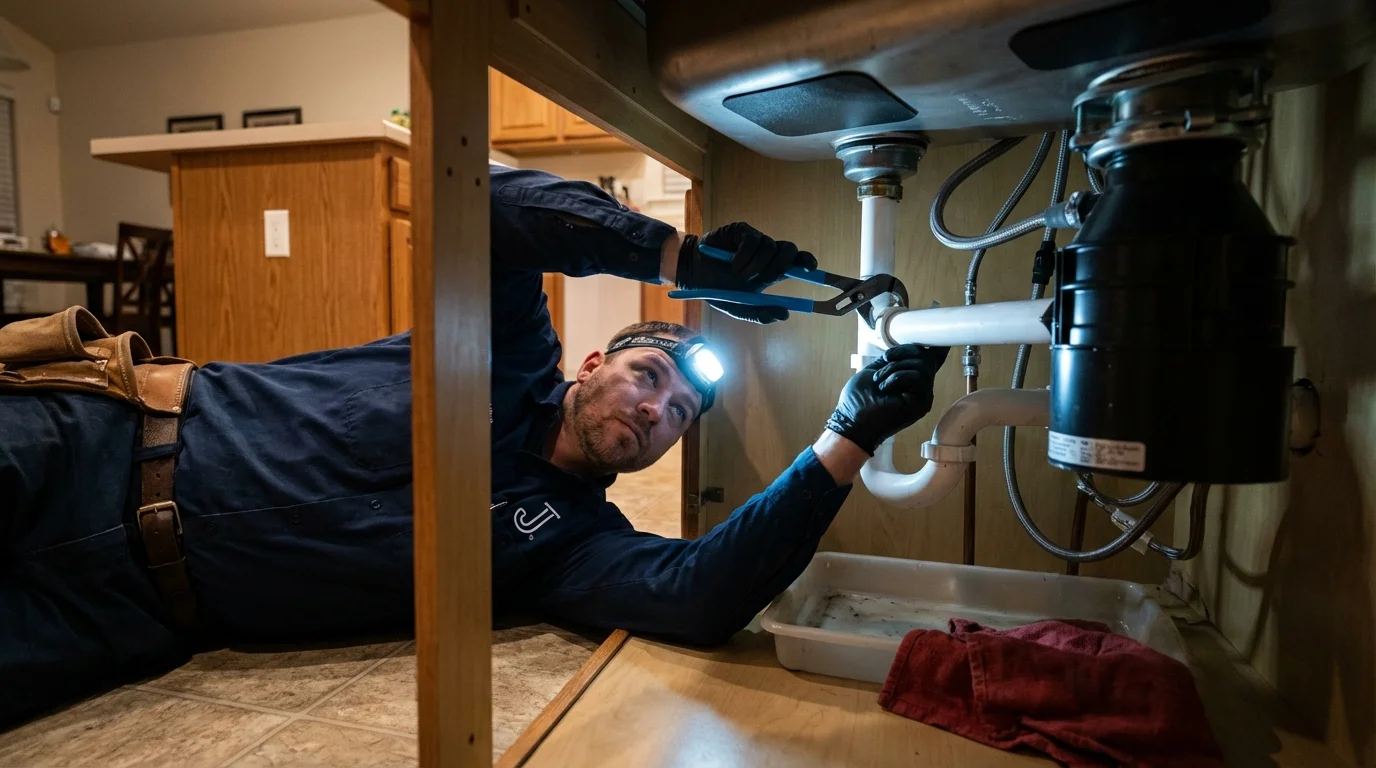 P-trap and supply line connections under a kitchen sink showing a common leak point in McPherson, KS